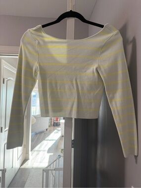 Zara White and Pale Yellow Striped Long-Sleeve Top